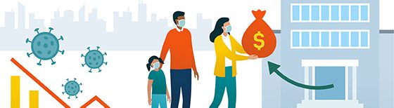 family wearing masks receiving money graphic