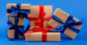 presents with red and blue ribbons