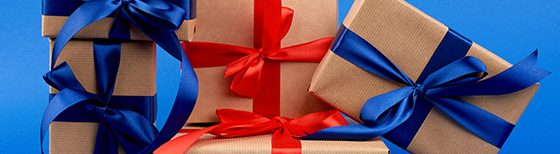 presents with red and blue ribbons