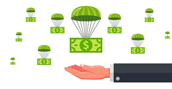 money with parachute floating to hand graphic